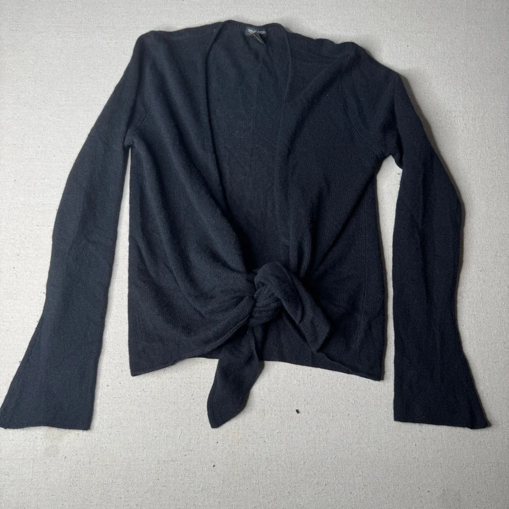 100% Cashmere Tie Front Wrap Cardigan Sweater L Black Balletcore Quiet Luxury